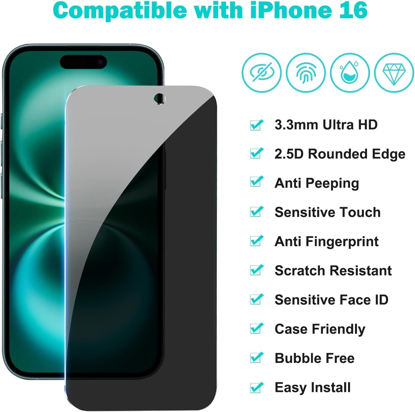 3d Curved Anti Spy Private Tempered Glass Film, Case Friendly, [9H Hardness] - HD